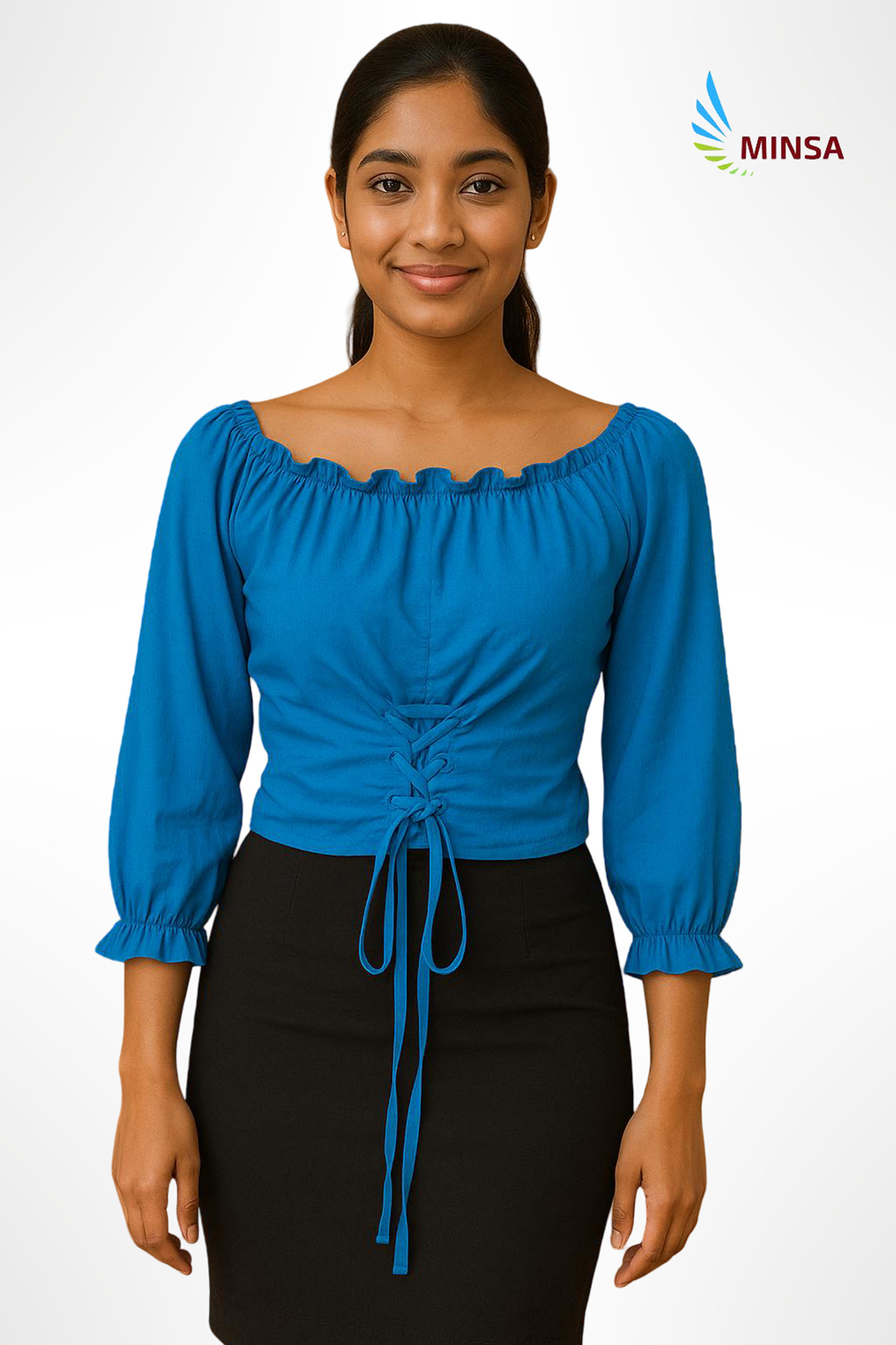 Blue Off Shoulder Puff Sleeves
