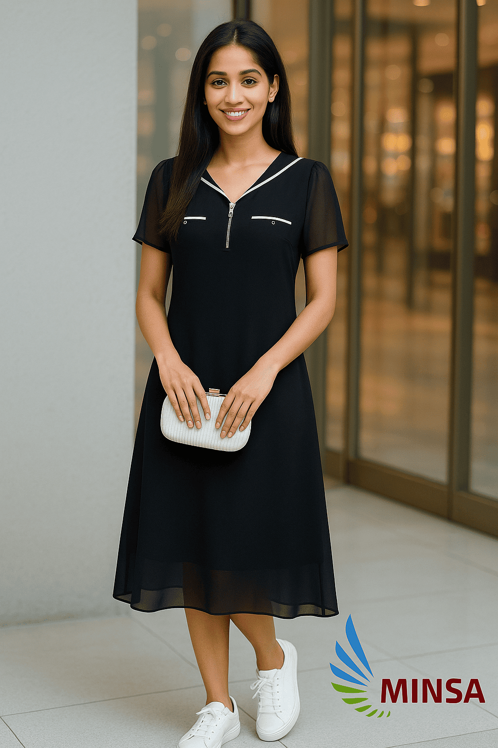 Black Zip-Front Midi Dress